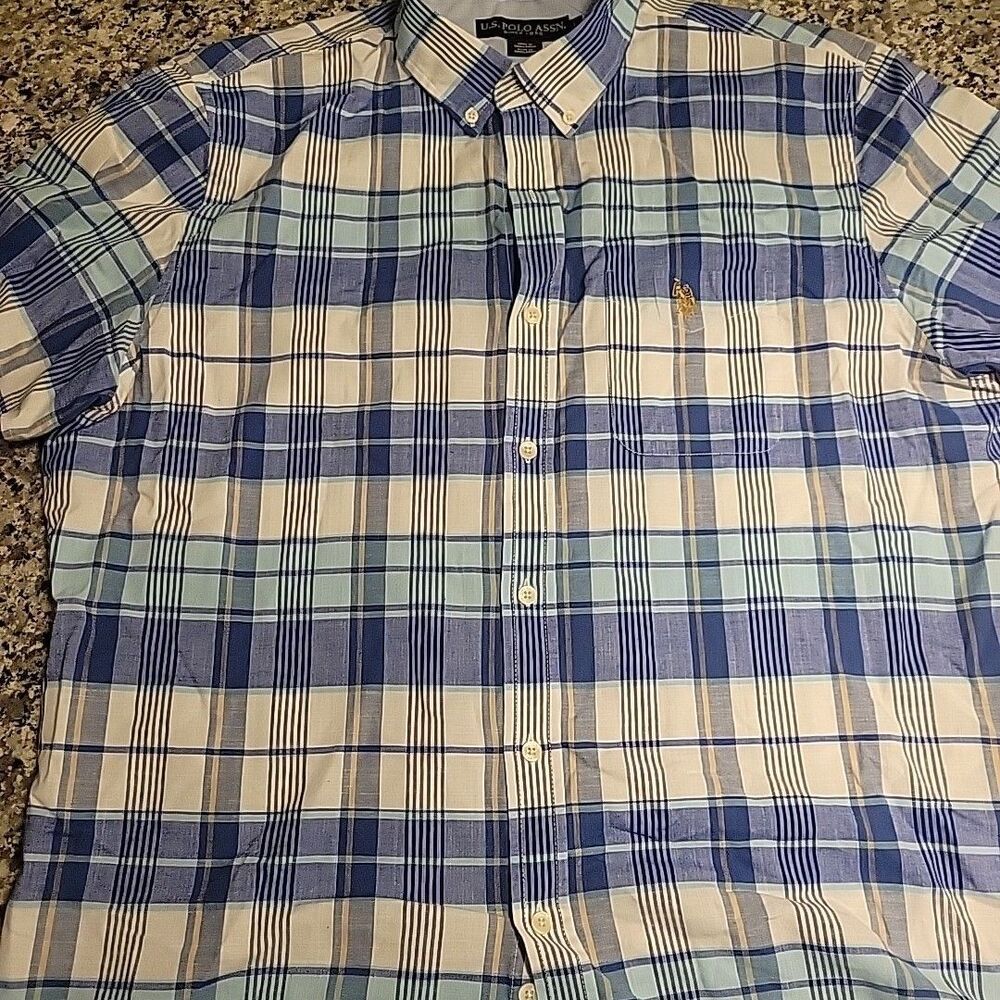 Us‎ Polo Assn Mens Blue Plaid Short Sleeve Button Shirt Size L